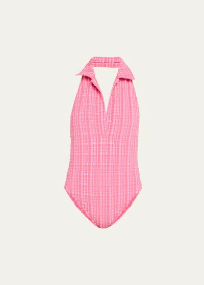 Lisa Marie Fernandez Polo Striped Seersucker Halterneck Swimsuit In Pink