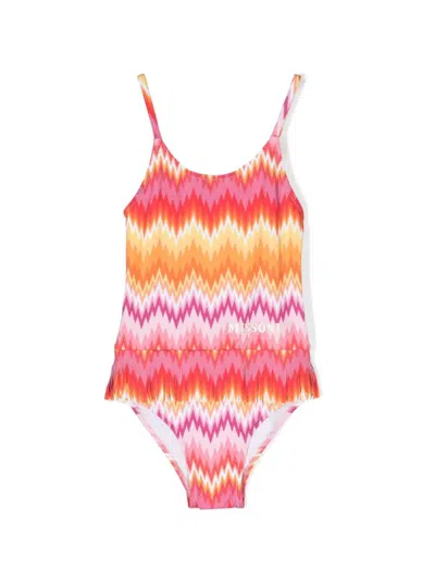 Missoni Kids' One Piece Swimwear With Chevron Pattern And Fringes In Pink