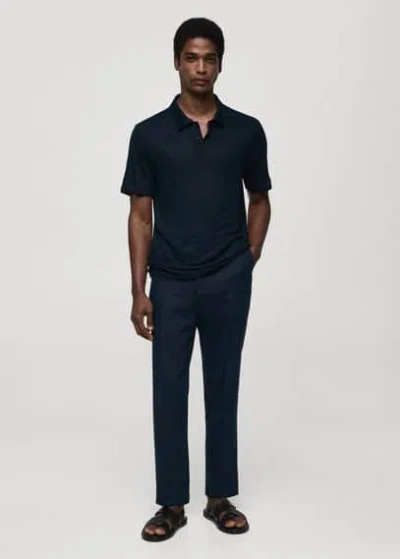 Mango Slim Fit 100% Linen Polo Shirt Dark Navy In Bleu Marine Foncé