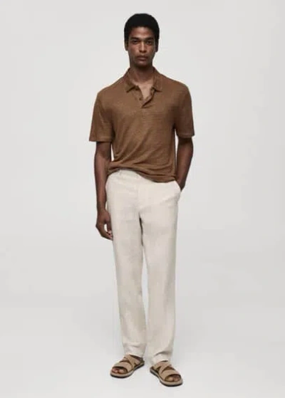 Mango Slim Fit 100% Linen Polo Shirt Brown In Marron
