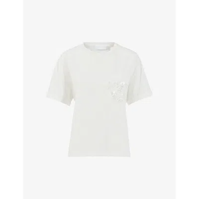 Leem Womens Off White Embroidered-pocket Round-neck Cotton T-shirt