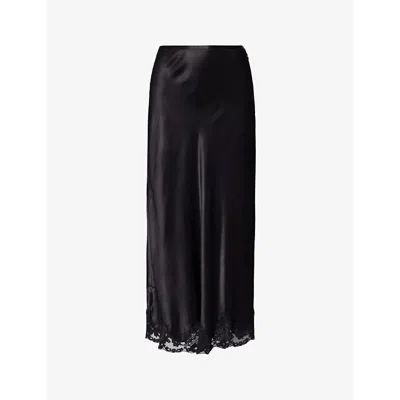 Rixo London Rixo Womens Black Crystal Lace-trim Mid-rise Satin Midi Skirt