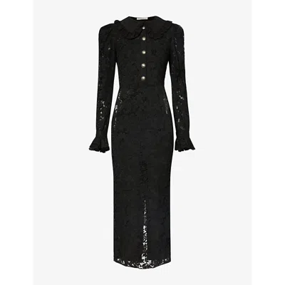 Alessandra Rich Womens Black Floral-lace Split-hem Cotton-blend Midi Dress