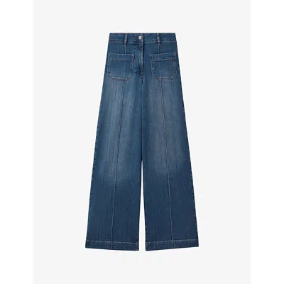 Reiss Womens Mid Blue Kira Contrast-stitch Wide-leg Mid-rise Cotton-blend Jeans