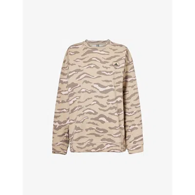 Adidas By Stella Mccartney Truecasuals Zebra-print Organic-cotton Sweatshirt In Khaki/rose/tech Earth