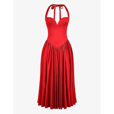 House Of Cb Womens Scarlet Coquette Sweetheart-neck Stretch-cotton Midi Dress