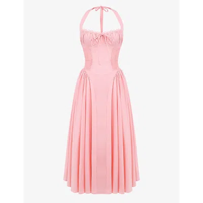 House Of Cb Womens Pink Meadow Adabella Halterneck Stretch-cotton Midi Dress