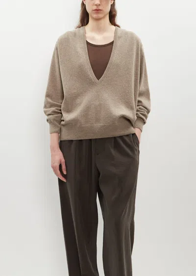 Lemaire Deep V-neck Wool Blend Sweater In Beige Grey