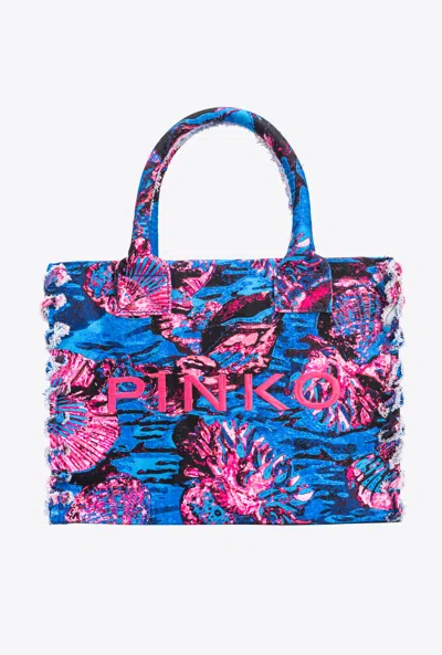 Pinko Floral-print Canvas Beach Bag In Multicolore - Bleu/rose