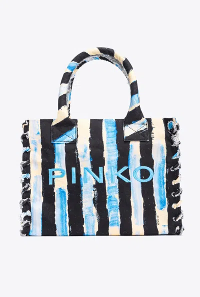 Pinko Striped Canvas Beach Bag In Noir/bleu/blanc