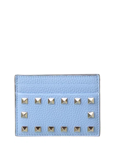 Valentino Garavani Valentino Rockstud Grainy Leather Card Holder In Blue