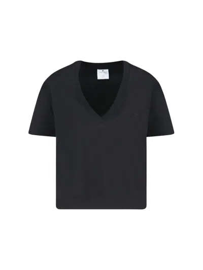 Courrèges Deep V-neck Crop Cotton T-shirt In Black  
