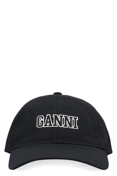 Ganni Logo-embroidered Cotton Cap In Black