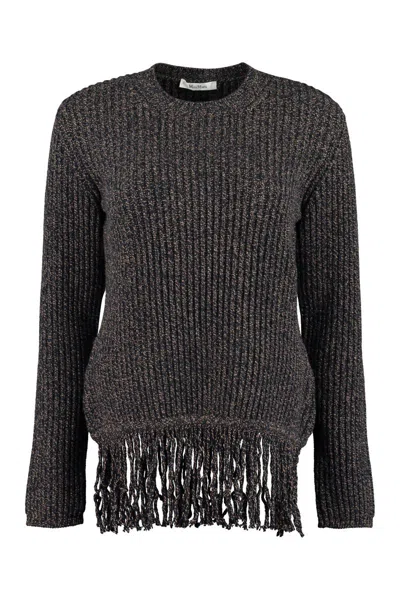 Max Mara Femme Ribbed Sweater With Fringes In Blue