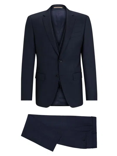 Hugo Boss Three-piece Slim-fit Suit In Patterned Stretch Wool In Dark Blue
