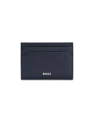 Hugo Boss Brass Money Clip With Card Holder In Grained Leather In Dark Blue