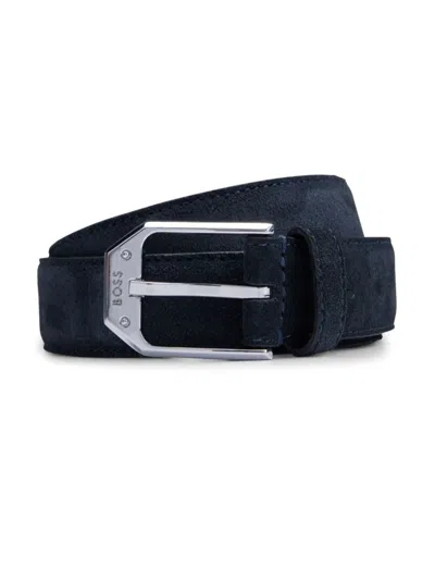 Hugo Boss Italian-made Suede Belt With Angular Branded Buckle In Dark Blue