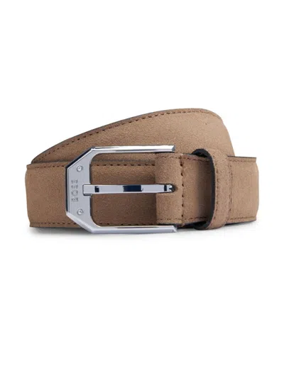 Hugo Boss Italian-made Suede Belt With Angular Branded Buckle In Beige