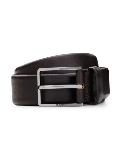 Hugo Boss Italian-leather Belt With Polished Gunmetal Hardware In Dark Brown