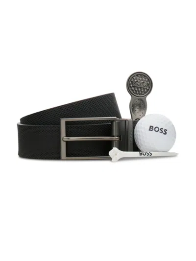 Hugo Boss Reversible Italian-leather Belt And Golf Accessories Gift Set In Black