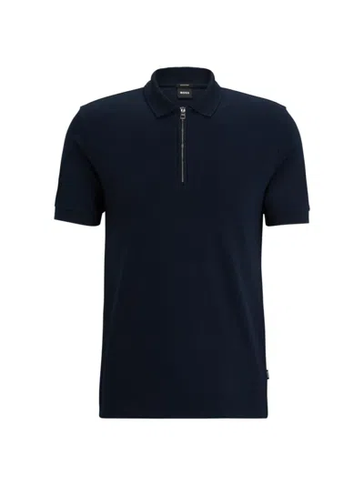 Hugo Boss Mercerized-cotton Slim-fit Polo Shirt With Zip Neck In Dark Blue
