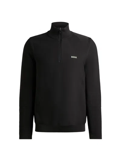 Hugo Boss Zip-neck Sweater In Stretch Fabric With Contrast Logo In Dark Grey
