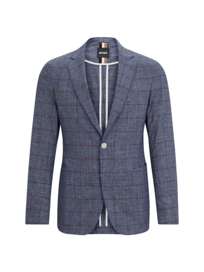 Hugo Boss Slim-fit Micro-patterned Jacket In Checked Serge In Blue