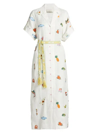 Alemais X Alan Berry Rhys Blue Marlin Embroidered Shirtdress With Belt In Neutrals