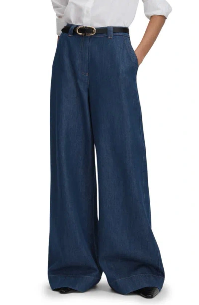 Reiss Olivia - Dark Blue Petite Wide Leg Contrast Stitch Jeans, 24
