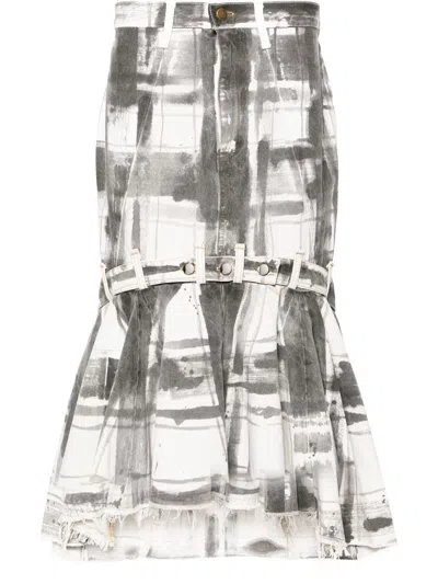 Frederik Taus White Check-print Denim Maxi Skirt