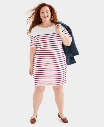 Style & Co Women's Cotton Boat-neck Elbow-sleeve Dress, Created For Macy's In Red Blue Stripe