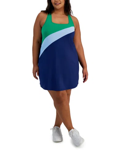 Id Ideology Plus Size Active Colorblocked Cross-back Sleeveless Dress, Created For Macy's In Tartan Blue