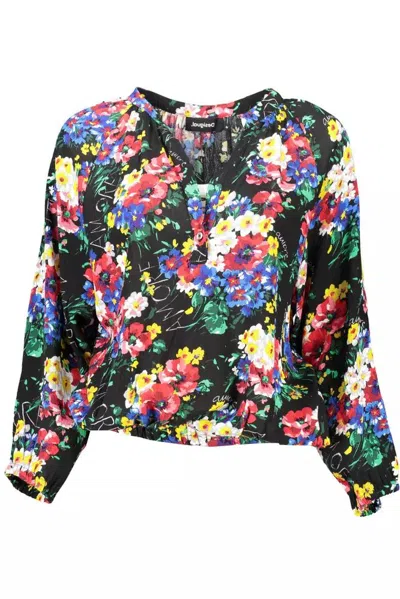 Desigual Vibrant V-neck Buttoned Top With Elastic Women's Waist In Black