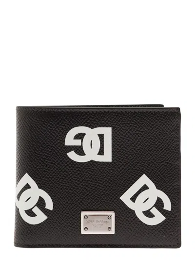 Dolce & Gabbana Black Bi-fold Wallet With All-over Dg Logo Print In Grainy Leather Man