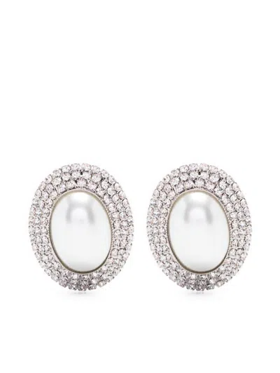 Alessandra Rich Oval Earrings With Pearl And Crystals In Silver Crystal