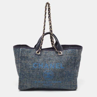 Pre-owned Chanel Raffia And Leather Medium Deauville Tote In Blue