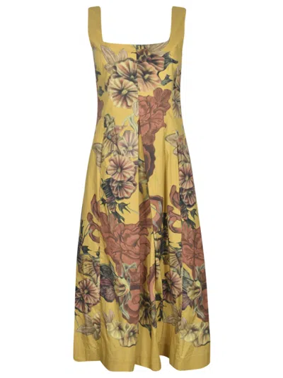 Alberta Ferretti Floral-print Sleeveless Midi Dress In Yellow/brown