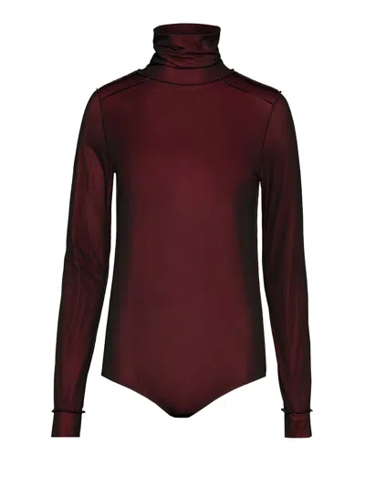 Maison Margiela Sheer Turtleneck Bodysuit In Black/red