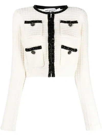Self-portrait Structured Knit Cropped Cardigan In Beige