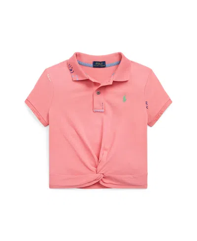 Polo Ralph Lauren Kids' Toddler And Little Girls Twist-front Stretch Mesh Polo Shirt In Ribbon Pink With Light Green