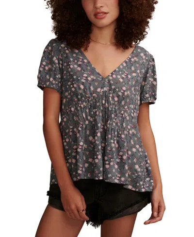 Lucky Brand Floral Print Short Sleeve Top In Green Multi