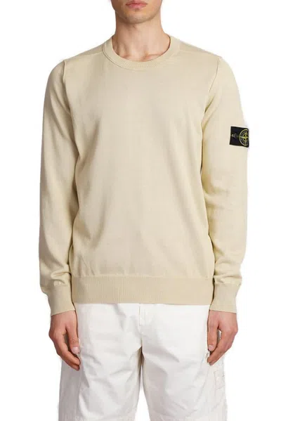 Stone Island Compass Patch Crewneck Knitted Jumper In Beige