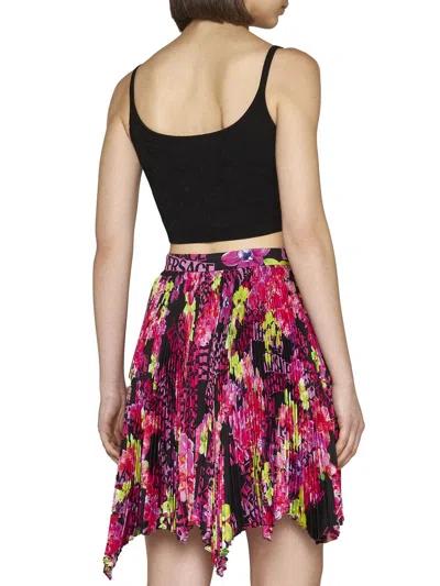 Versace Multicolor Asymmetric Pleated Mini-skirt With Logo Orchid Print In Polyester Woman