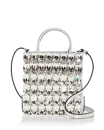 Moschino Still Life Crystal Embellished Metallic Leather Tote In Nickel Multi