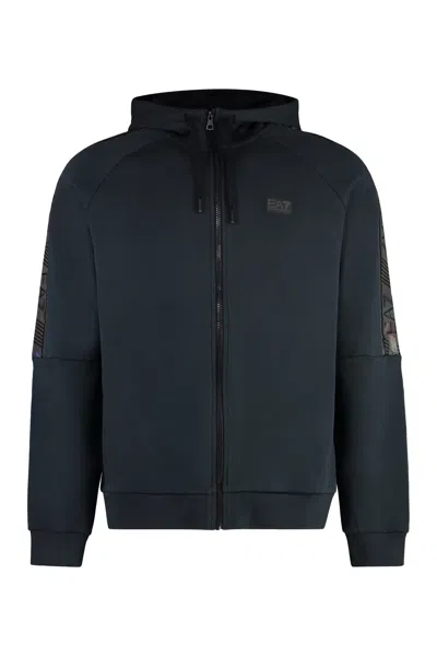 Ea7 Cotton Full Zip Hoodie In Black