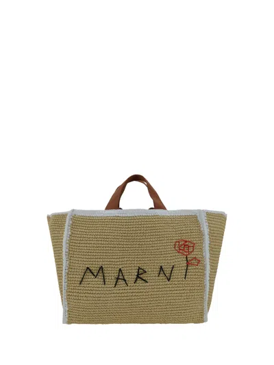 Marni Tote Sillo Medium Handbag In Natural/white/rust