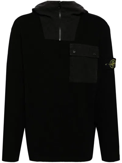 Stone Island Hooded Knit In Raw Hand Organic Cotton With Linen Nylon Details In Black