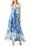 Komarov Floral Lace-up Charmeuse Maxi Dress In Sapphire Blue Roses
