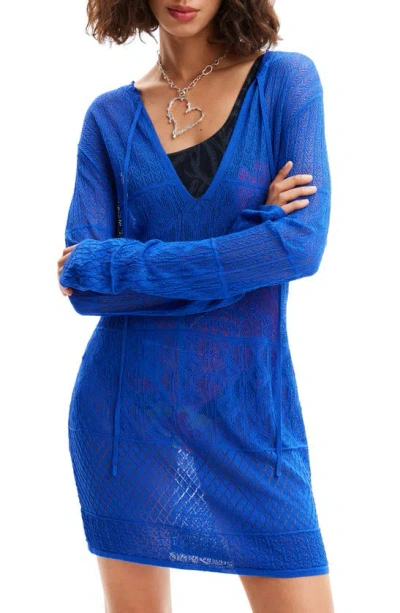Desigual El Cairo Open Stitch Long Sleeve Cover-up Dress In Blue