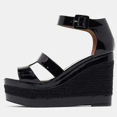 Pre-owned Hermes Black Suede And Patent Leather Ilana Espadrille Wedges Sandals Size 37